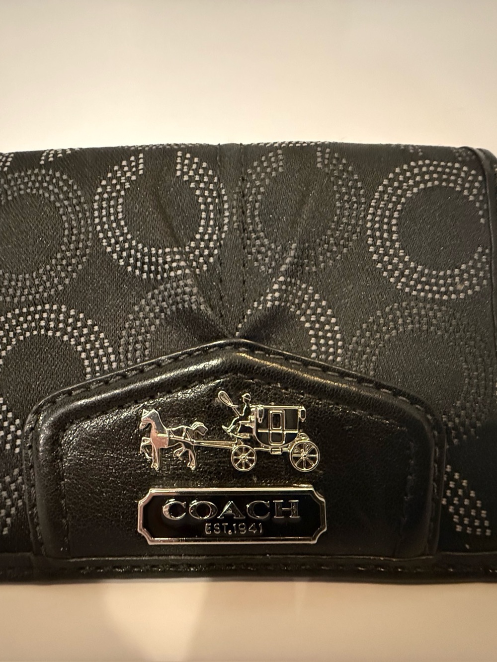 COACH Black Signature Card Holder with Silver Coach Plaque